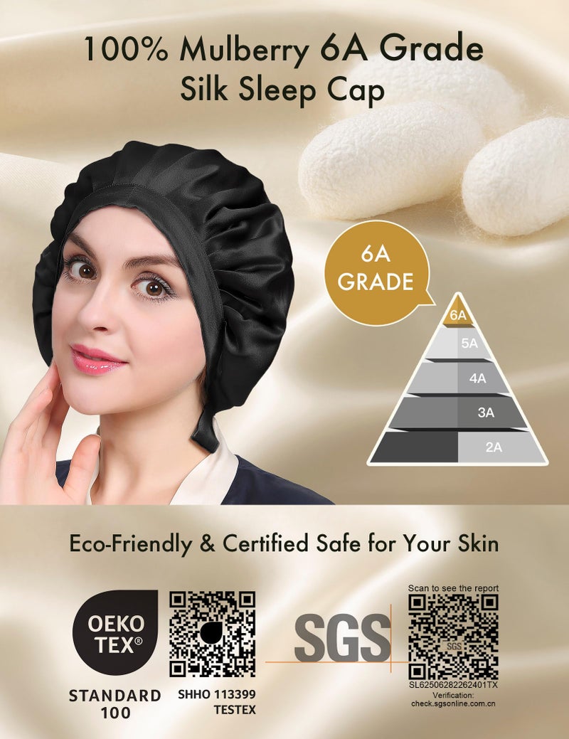LilySilk قبعة ليليسيلك 100% من حرير التوت، قبعة نوم من حرير 19 مومي، غلاف شعر قابل للتعديل للنوم، أسود - Image 2